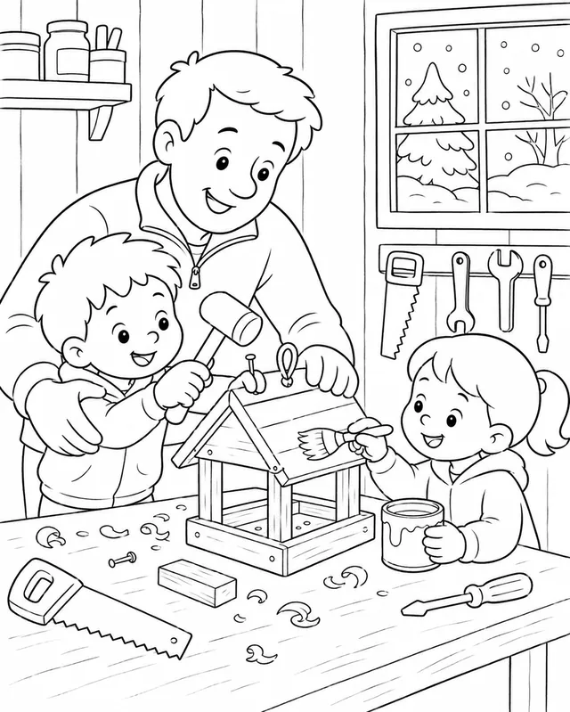 Kinder bauen gemeinsam mit Papa ein Vogelfutterhaus für den Garten