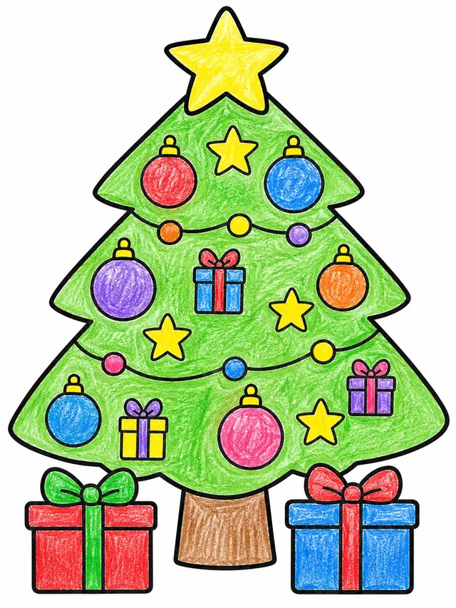 Large Christmas tree with round baubles, stars and a big star on top