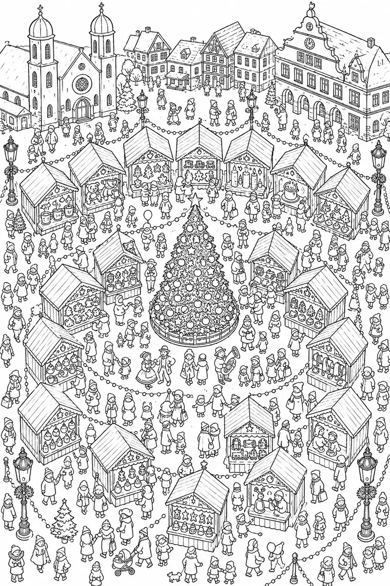 Weihnachtsmarkt von oben mit sechzehn Ständen und sechzig Besuchern um einen zentralen Weihnachtsbaum