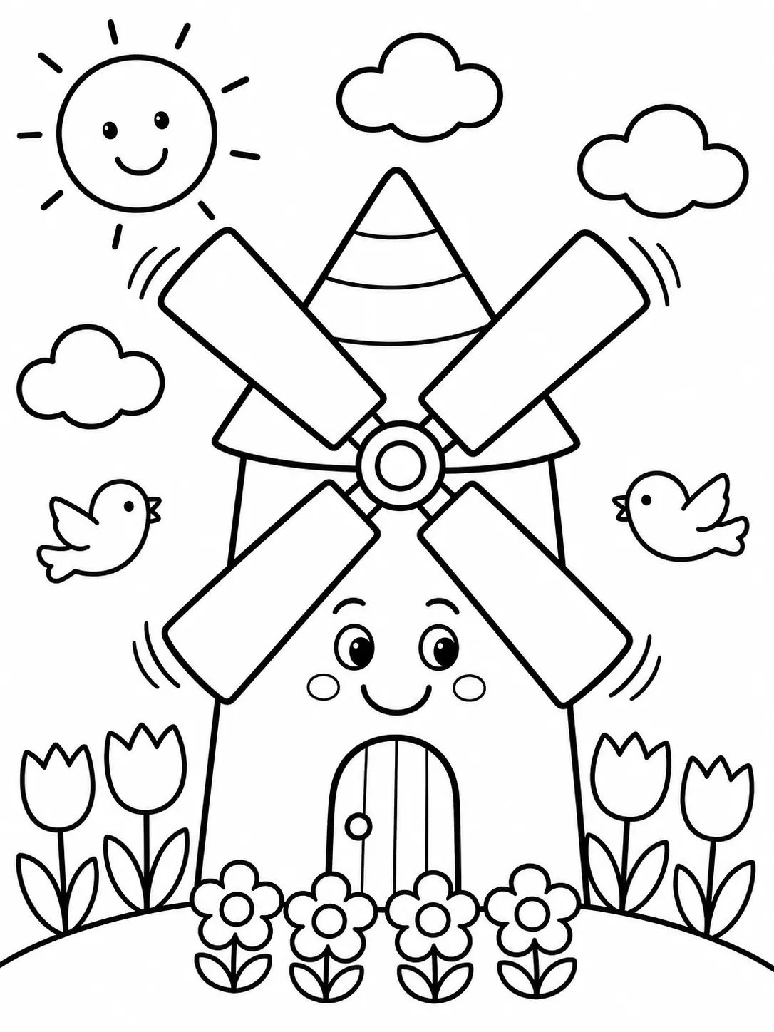 Bunte Windmühle mit vier verschiedenfarbigen Flügeln und Smiley-Gesicht am Turm