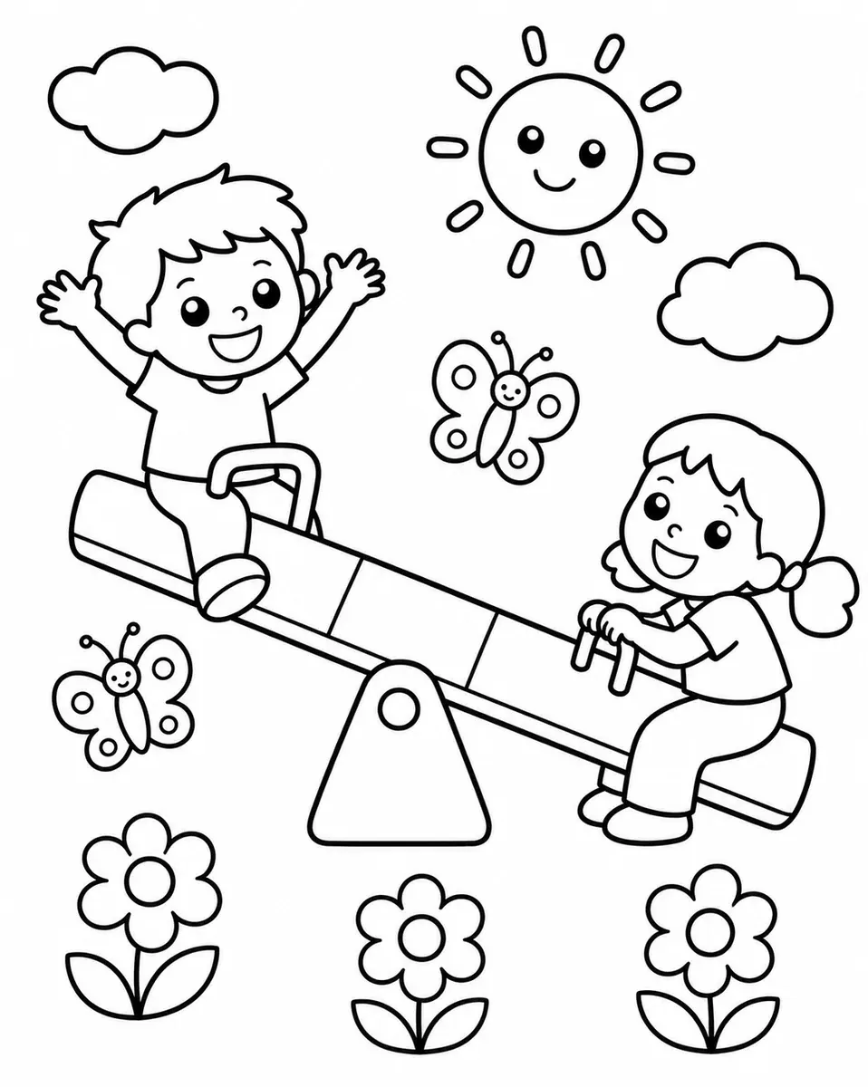Zwei lachende Kinder auf einer bunten Wippe auf dem Spielplatz