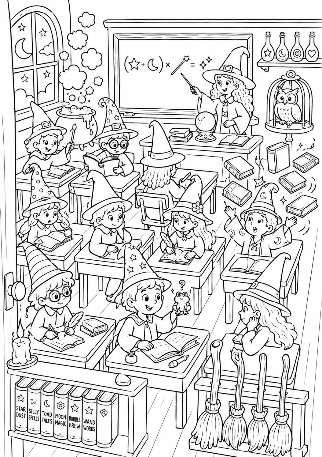 Magic school classroom with twelve students in coloured pointy hats and simultaneous magical events