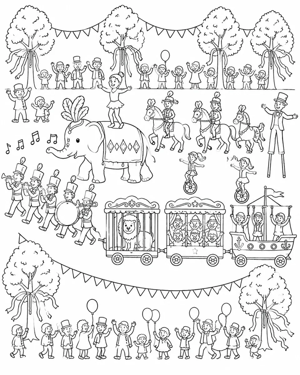 Zirkus-Einzugparade mit Elefant, Blaskapelle, drei Zirkuswagen und jubelnden Zuschauern
