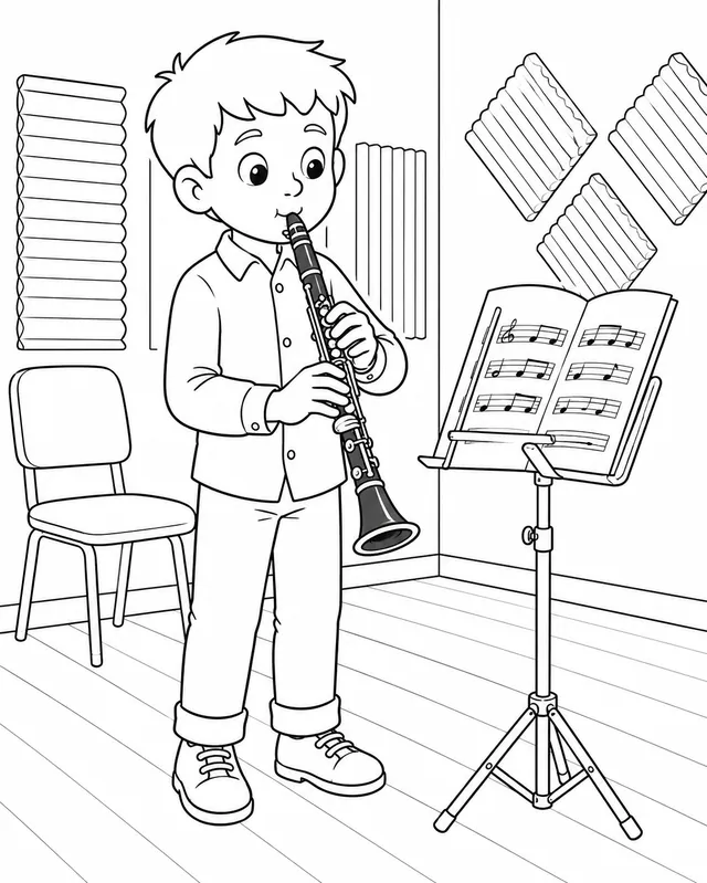 Klarinettist spielt Klarinette im Probenraum