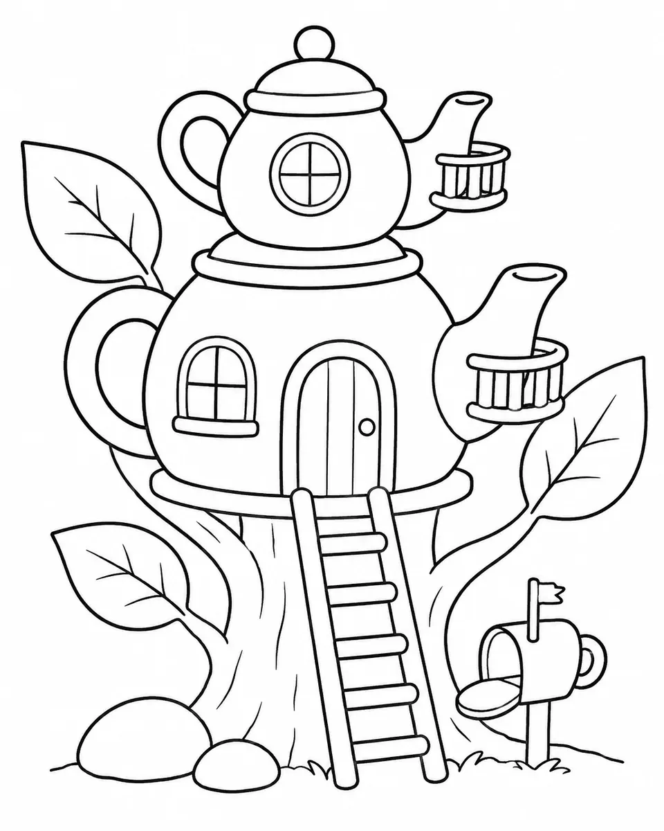 Baumhaus aus zwei Teekannen in einem kleinen Baum