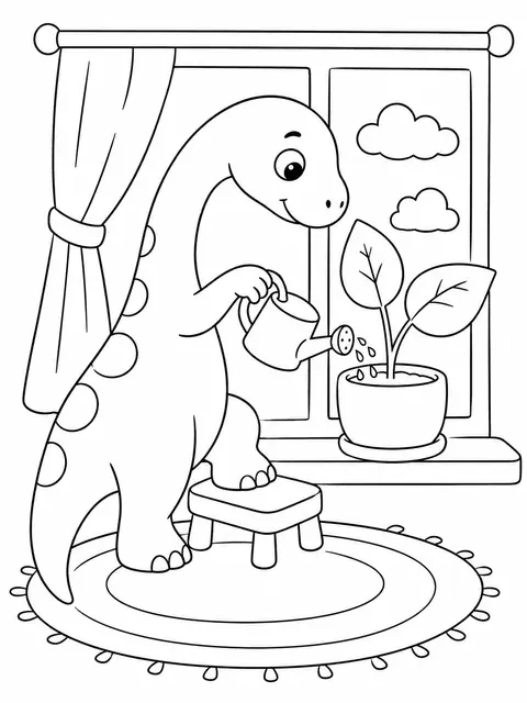 Dino gießt Fensterpflanze