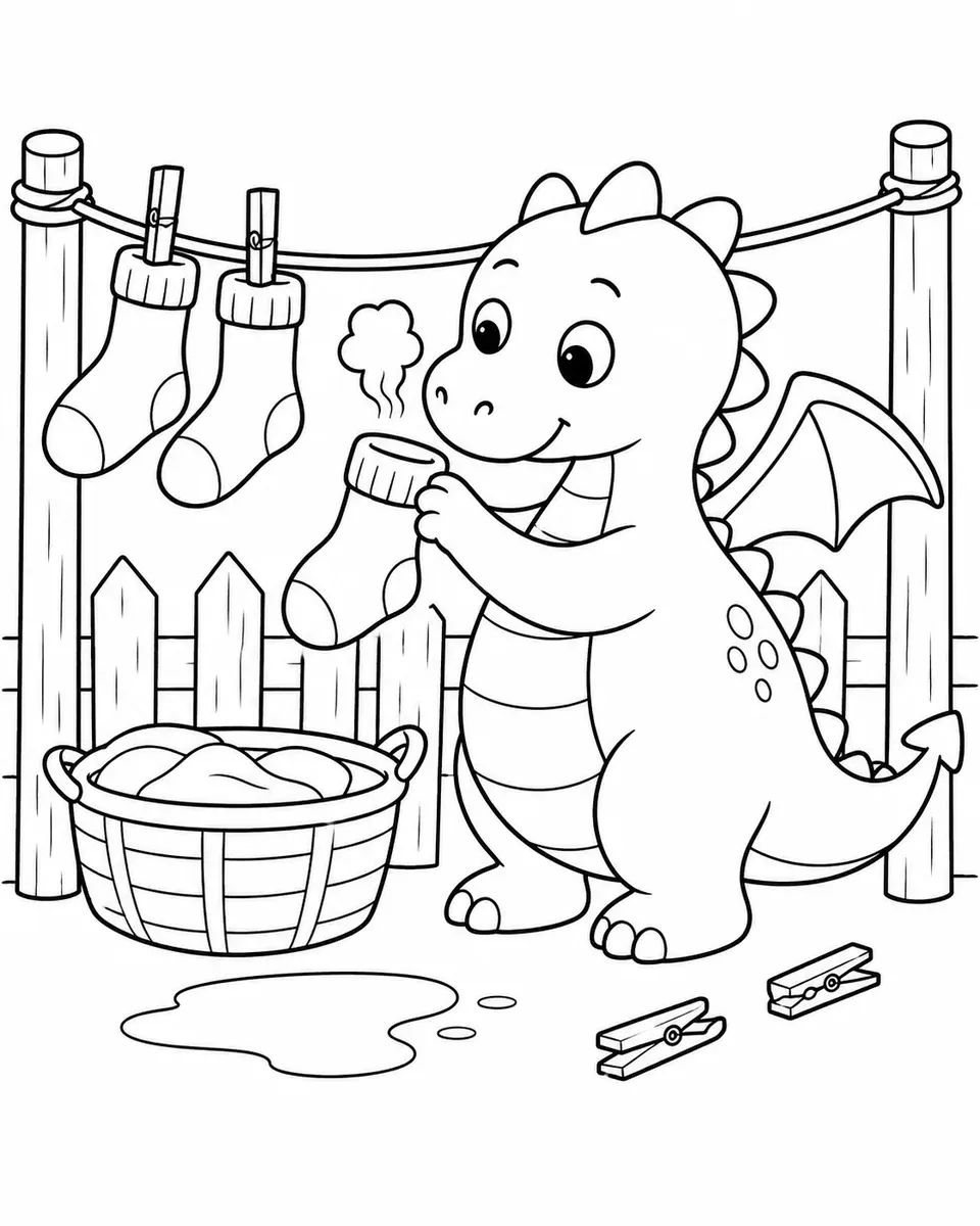 Kleiner Drache trocknet Socken an einer Wäscheleine