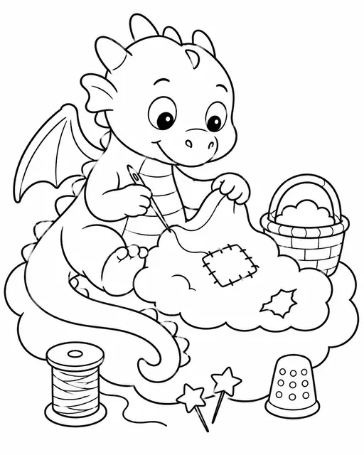 Drache näht Wolkenflicken