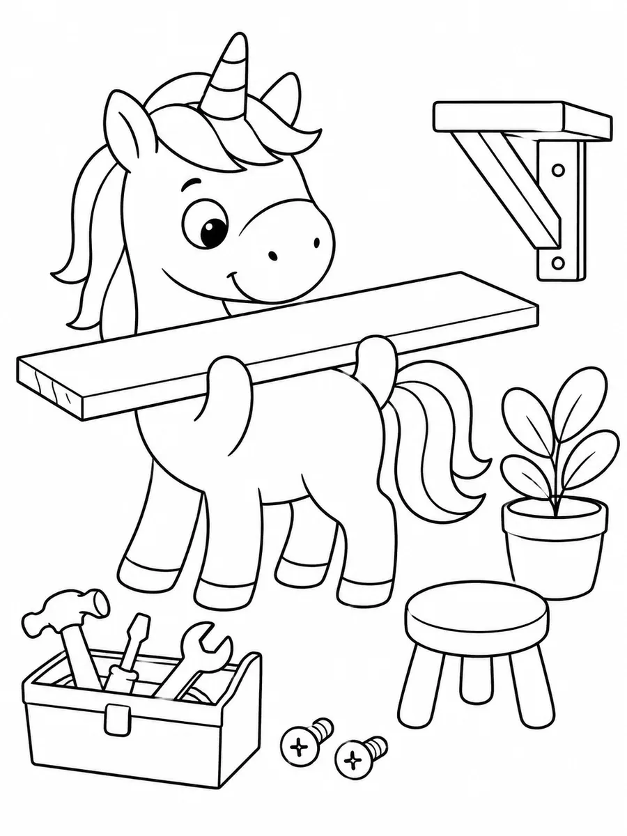 Einhorn trägt ein Regalbrett in einer kleinen Werkstatt