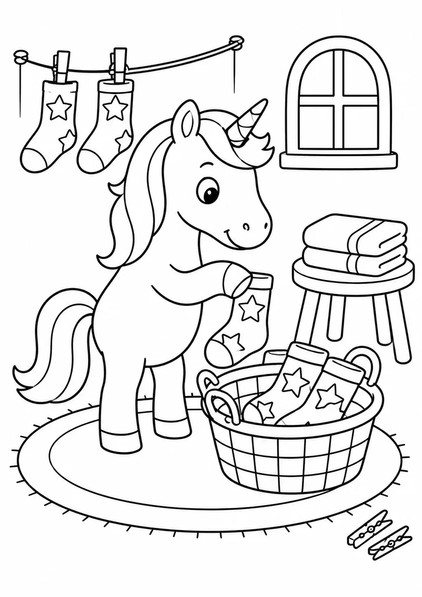 Einhorn sortiert Socken mit großen Sternen in einen Wäschekorb