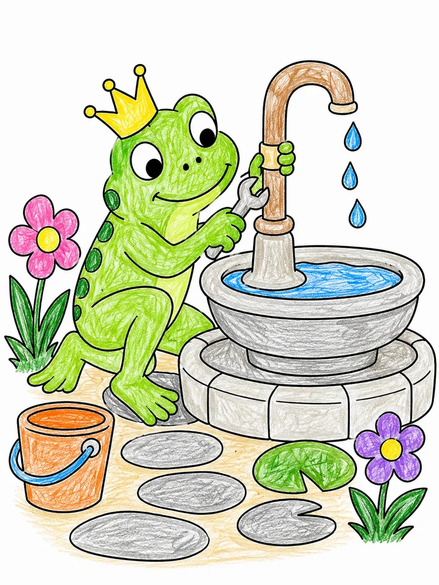 Kronenfrosch repariert Brunnen