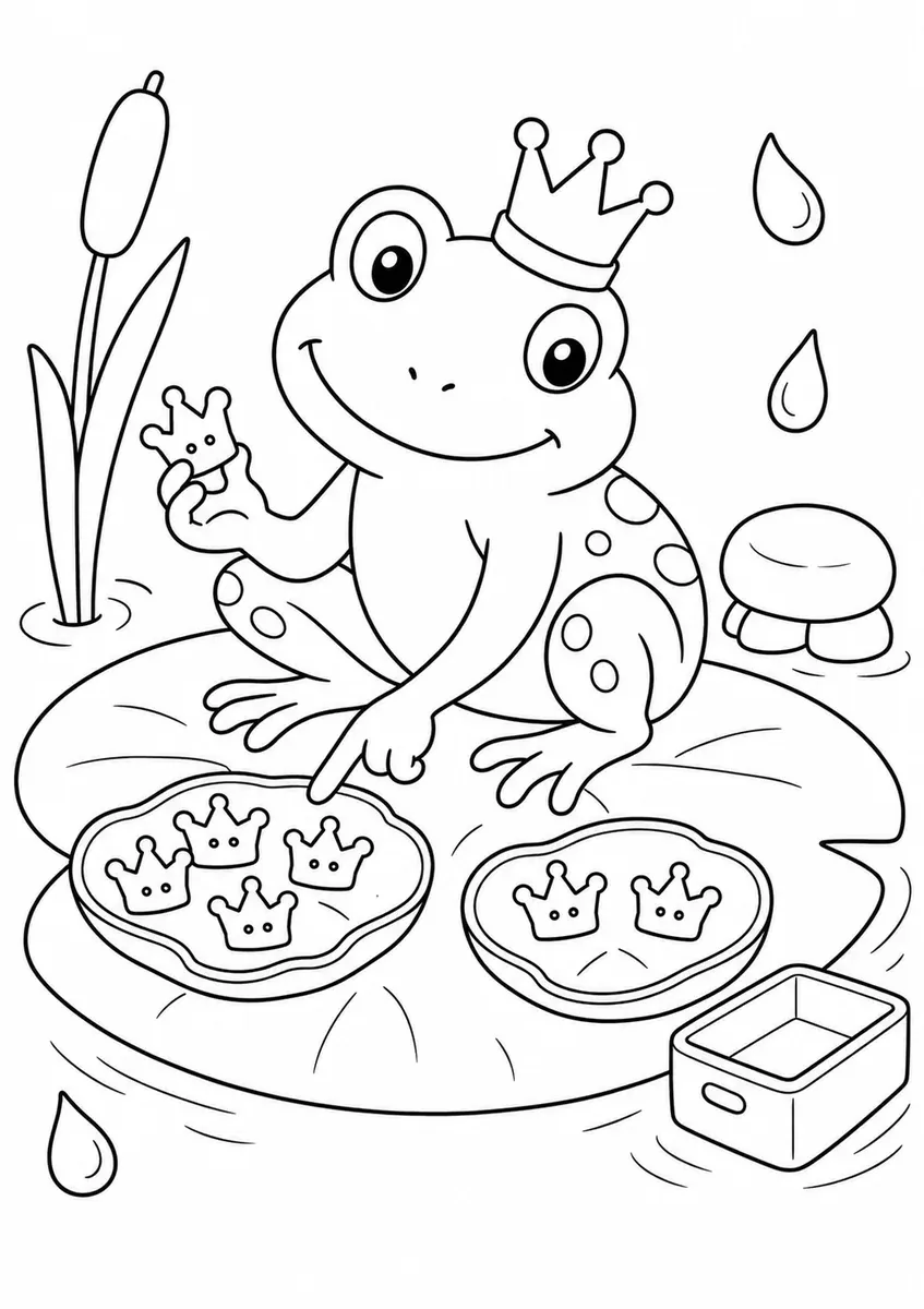 Frosch mit Krone sortiert kleine Knopfkronen auf Seerosenblättern
