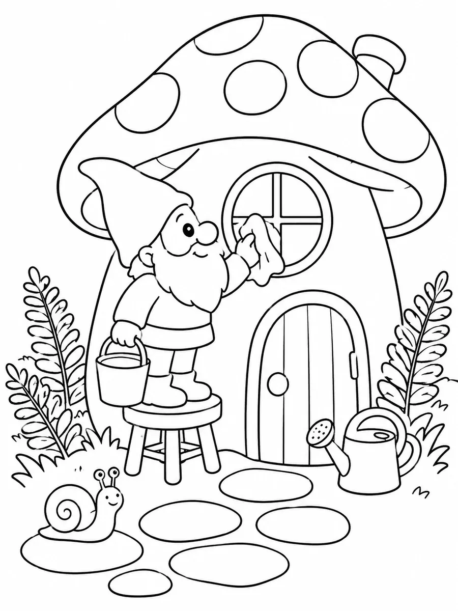 Gnom putzt ein rundes Fenster an einem Pilzhaus