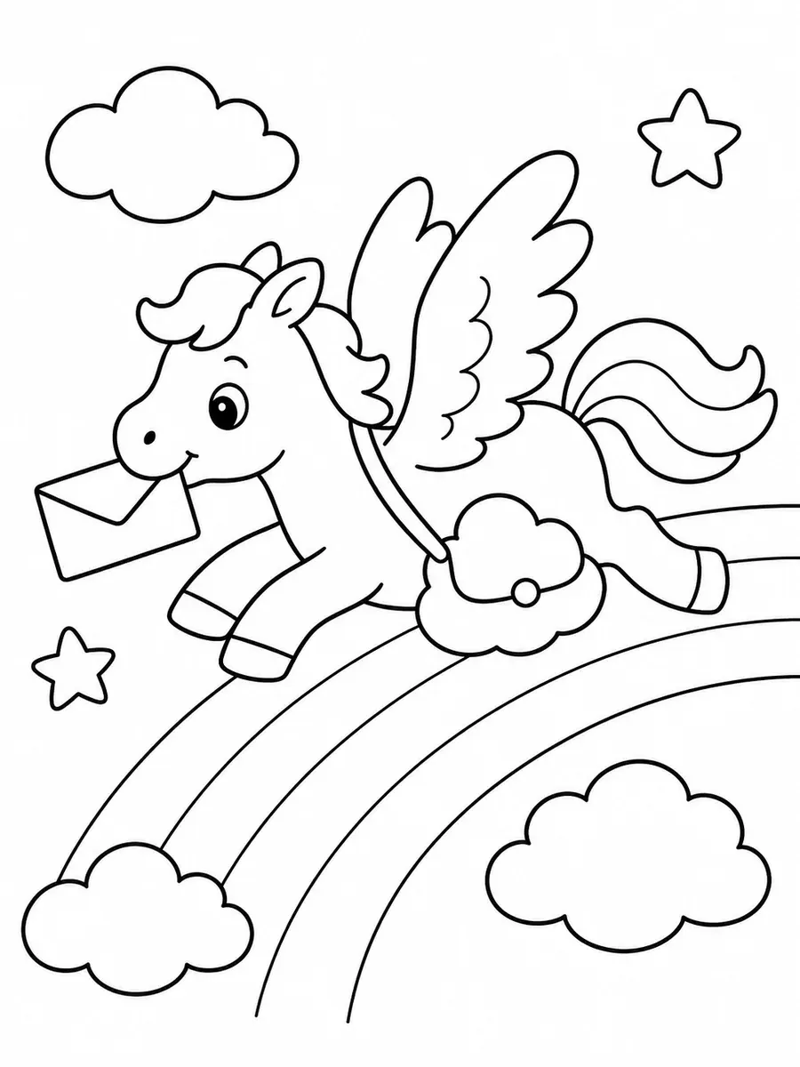 Kleiner Pegasus trägt eine Wolkenposttasche am Himmel