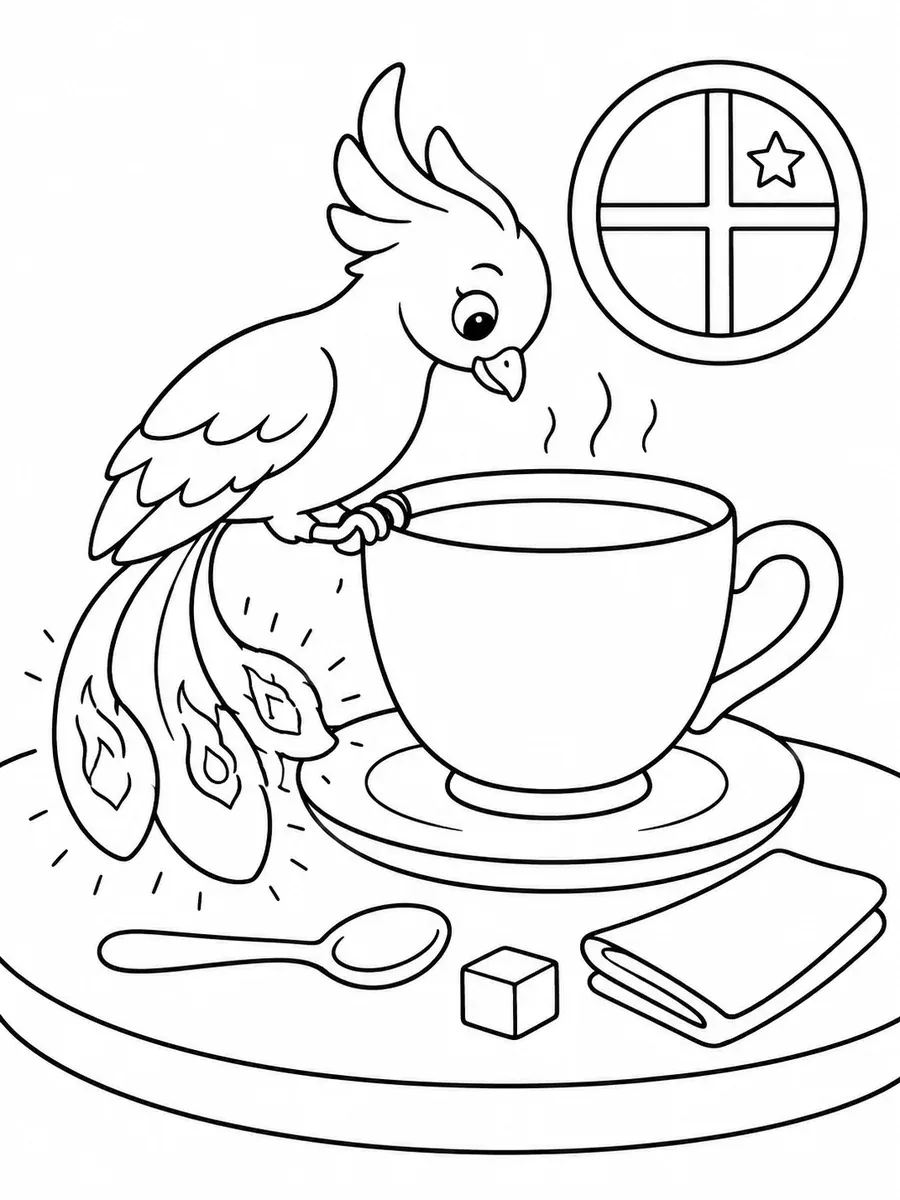 Kleiner Phönix wärmt eine Teetasse mit seinen Federn