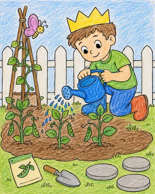 Kind mit Papierkrone gießt Erbsenpflanzen im Garten