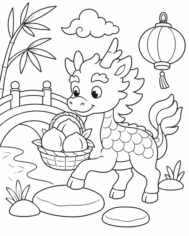 Qilin mit Pfirsichkorb