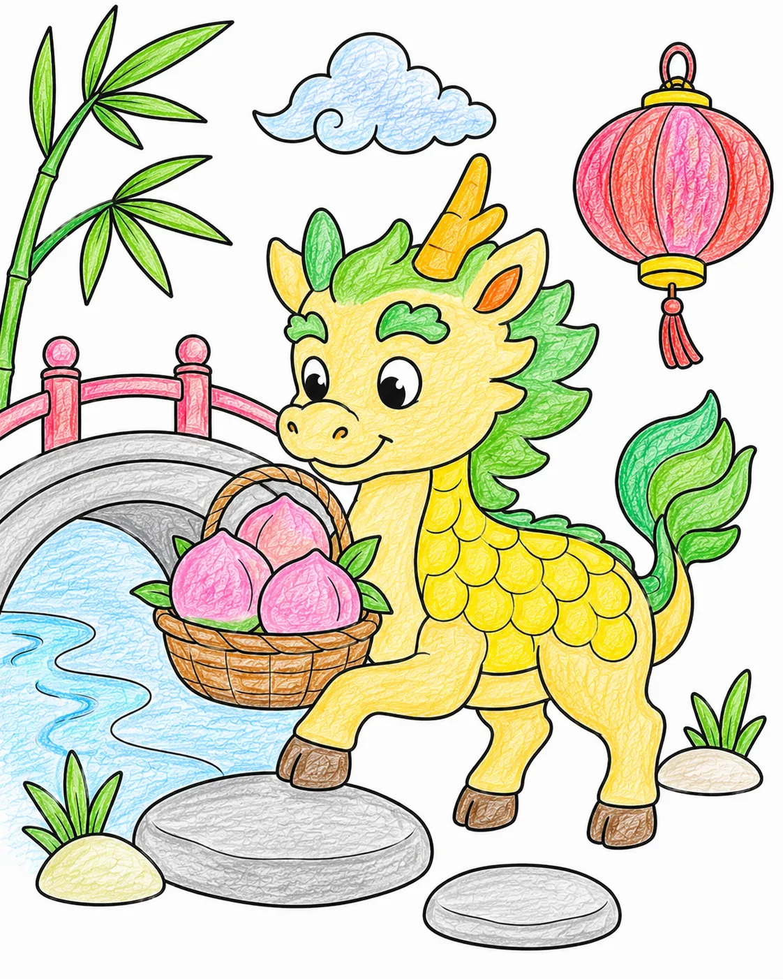 Qilin mit Pfirsichkorb