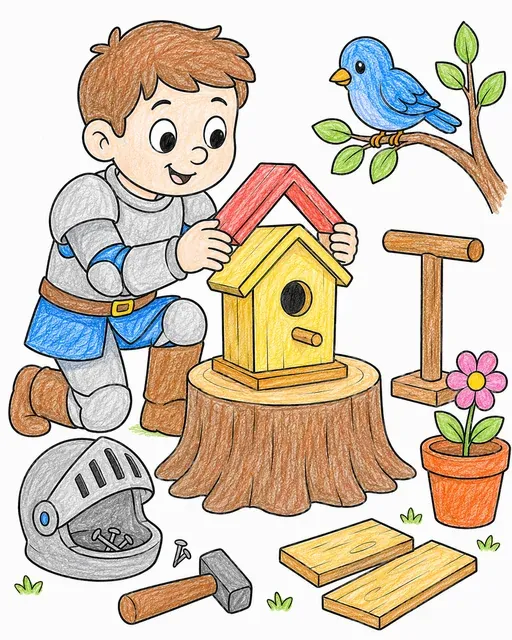 Ritter kniet und baut ein Vogelhaus auf einem Baumstumpf
