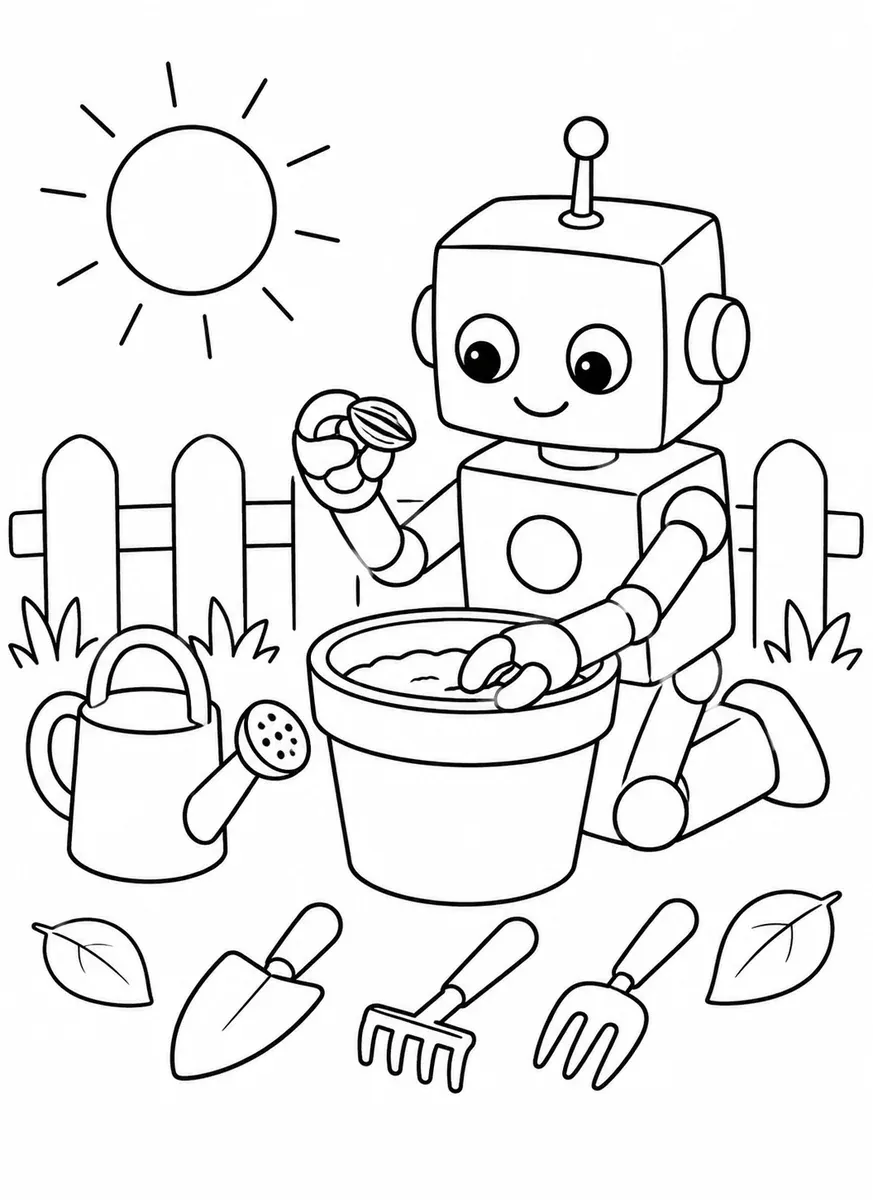 Kleiner Roboter pflanzt eine Sonnenblume im Garten