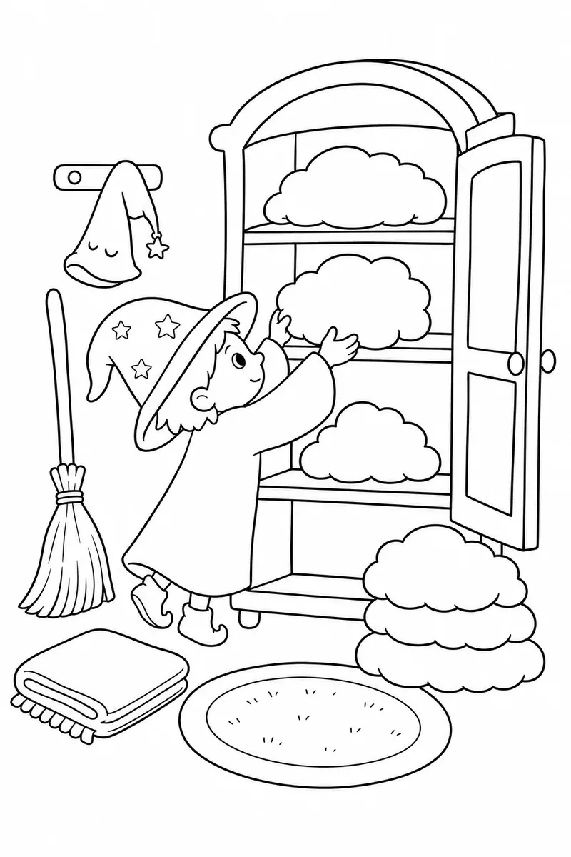 Zauberer räumt Wolkenkissen in einen Schrank
