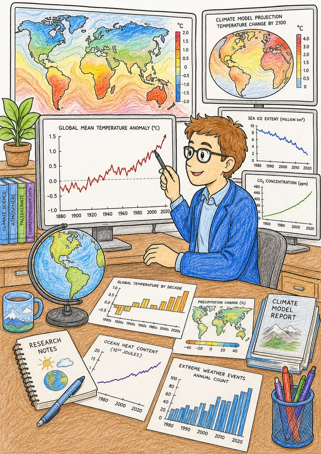 Ausmalseite: Klimawissenschaftler zeigt auf steigende Temperaturkurve auf großem Monitor, Klimadaten-Diagramme auf Schreibtisch, Globus-Modell daneben