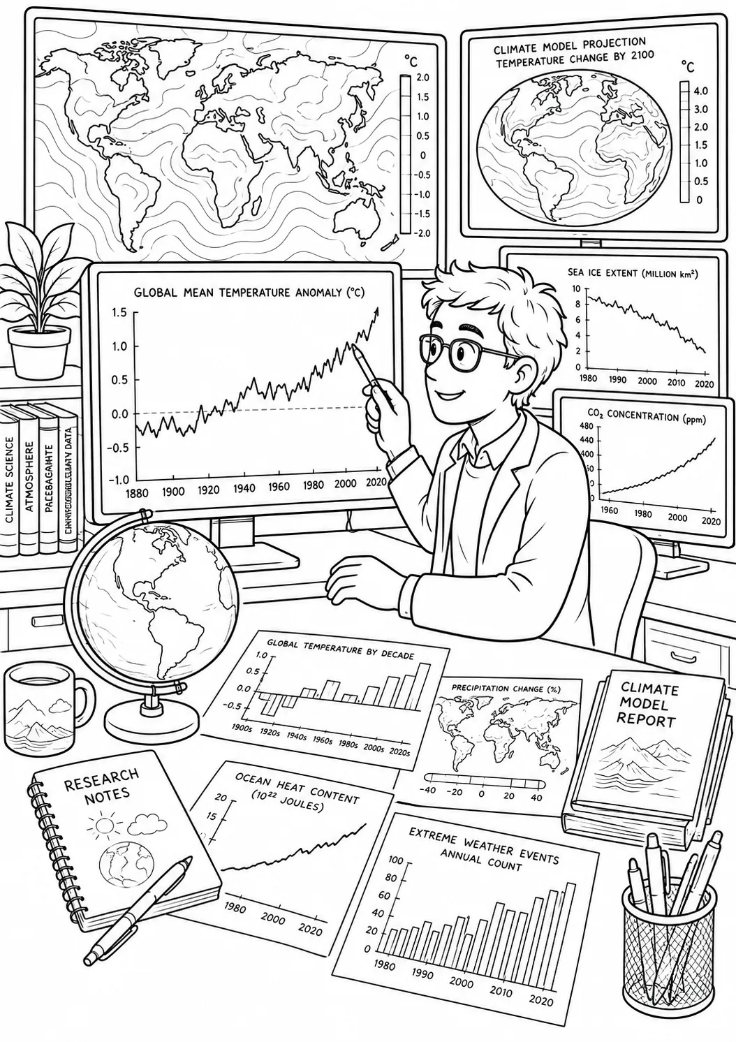 Ausmalseite: Klimawissenschaftler zeigt auf steigende Temperaturkurve auf großem Monitor, Klimadaten-Diagramme auf Schreibtisch, Globus-Modell daneben
