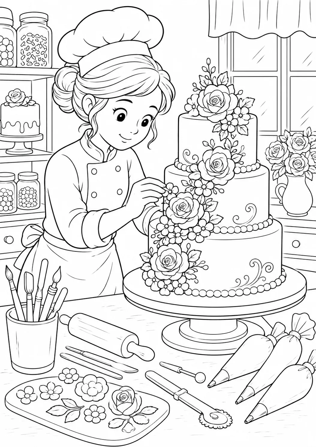 Ausmalseite: Konditorin befestigt Zuckerblumen an mehrstöckiger Fondant-Torte auf Drehteller