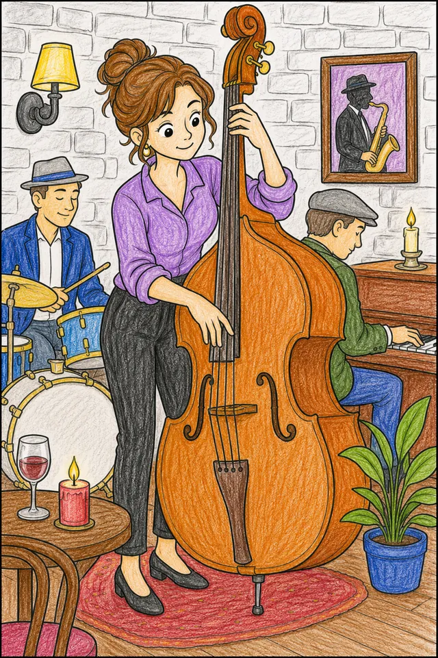 Ausmalbild: Kontrabassistin zupft Kontrabass in stimmungsvollem Jazzclub mit Kerzenlicht und Backsteinwand