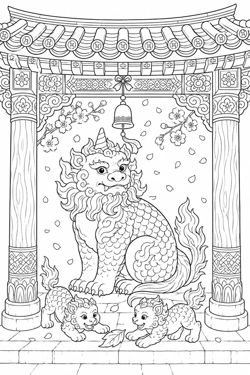 韩国宫门内獬豸端坐，旁有樱花与两只幼崽