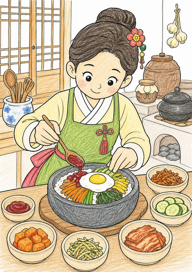 Ausmalseite: Koreanische Köchin arrangiert Bibimbap mit Gemüse und Ei im Steinschälchen