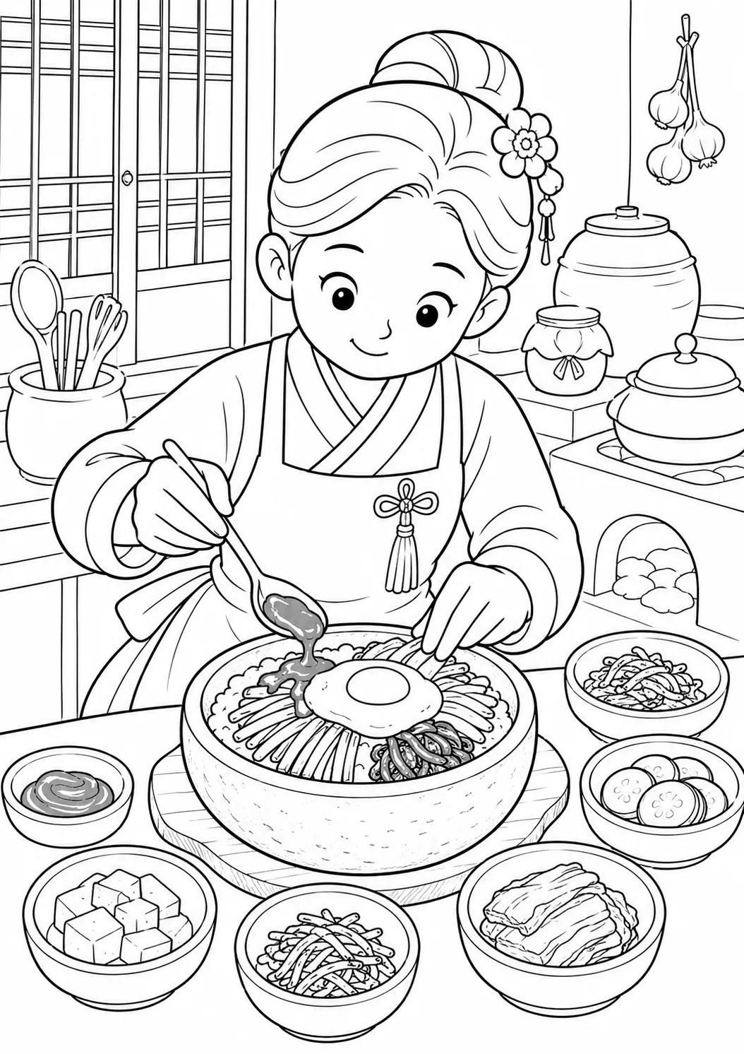 填色页：韩国厨师在石碗中摆放拌饭，有蔬菜和鸡蛋
