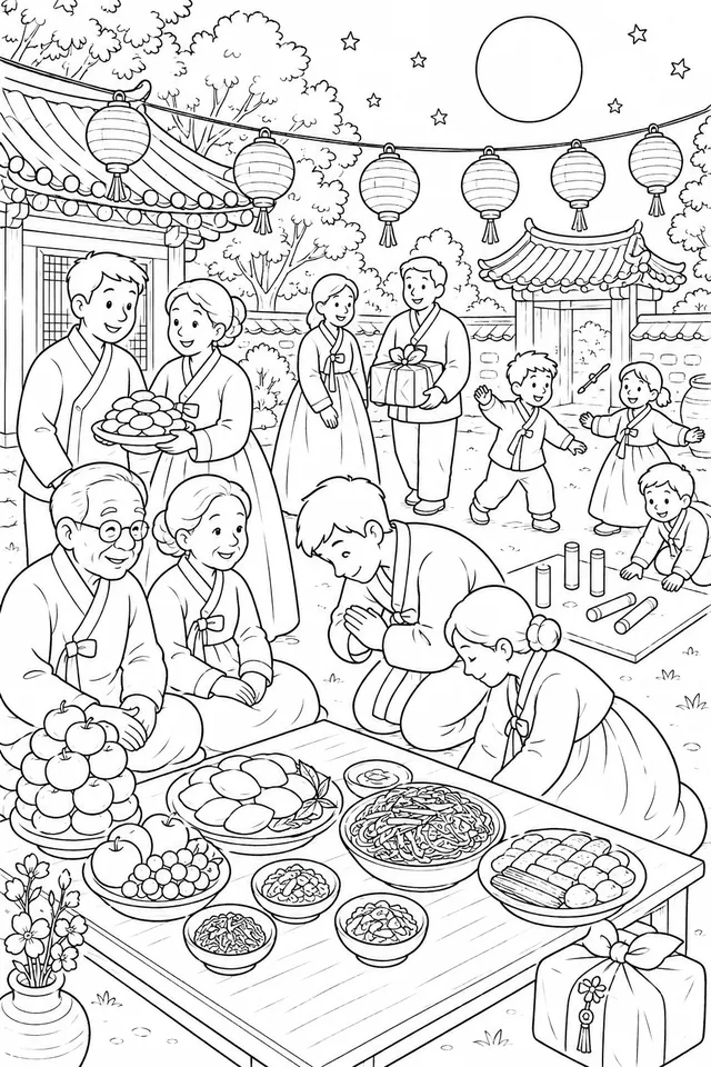 Koreanische Nachbarn feiern gemeinsam das Chuseok-Erntedankfest im Hof