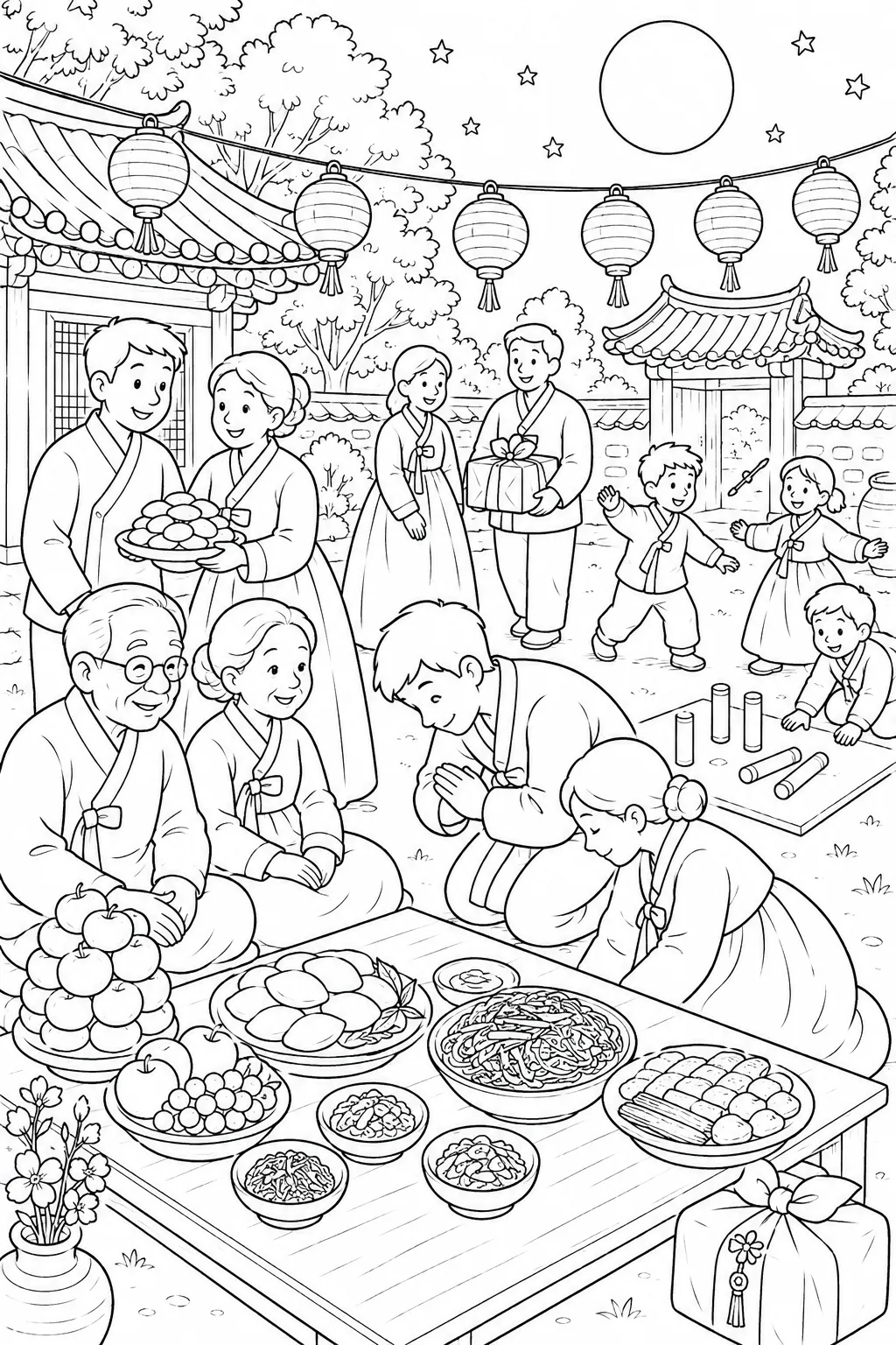 Koreanische Nachbarn in Hanbok feiern Chuseok-Erntedankfest mit traditionellem Essen im Hof
