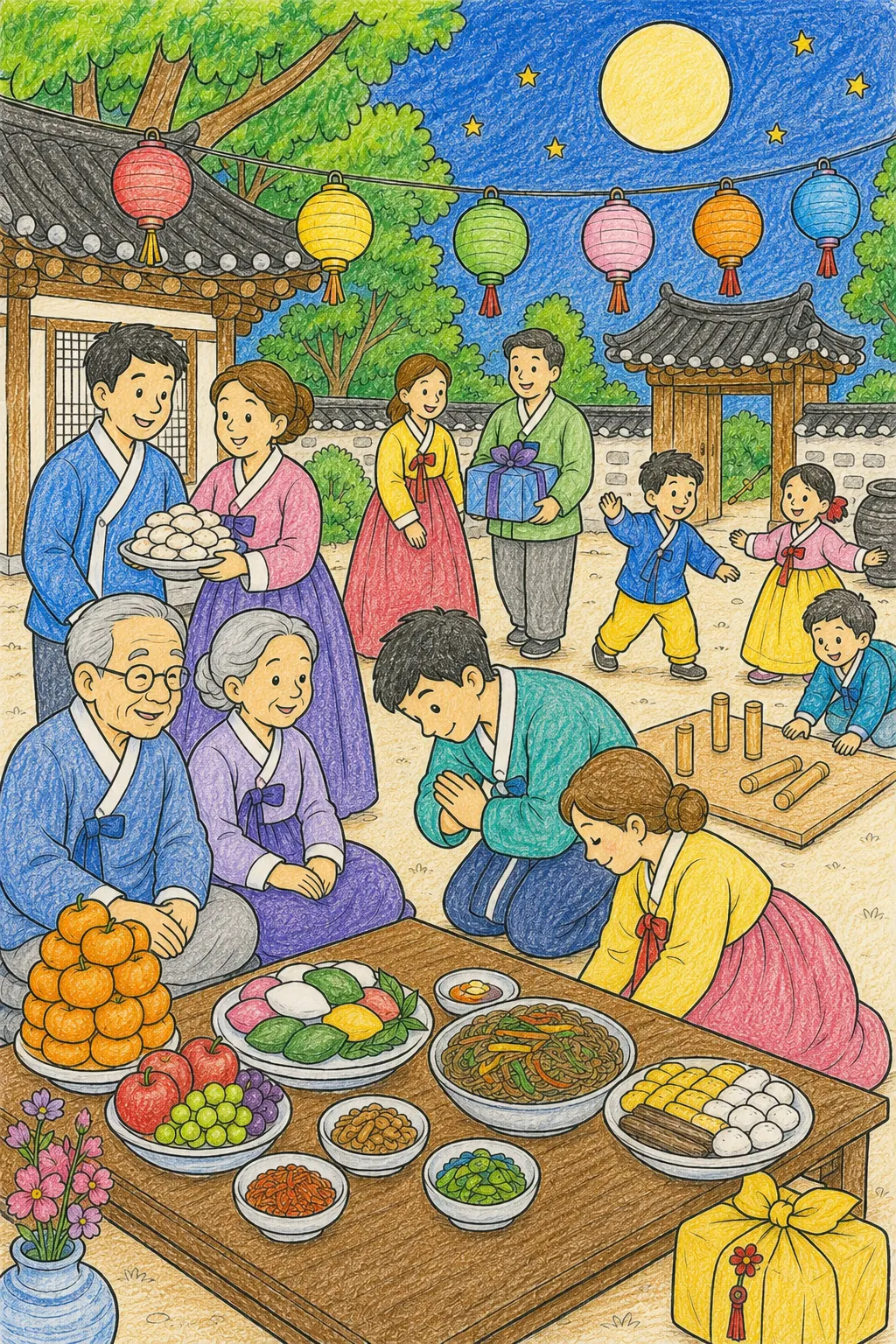 Koreanische Nachbarn feiern gemeinsam das Chuseok-Erntedankfest im Hof