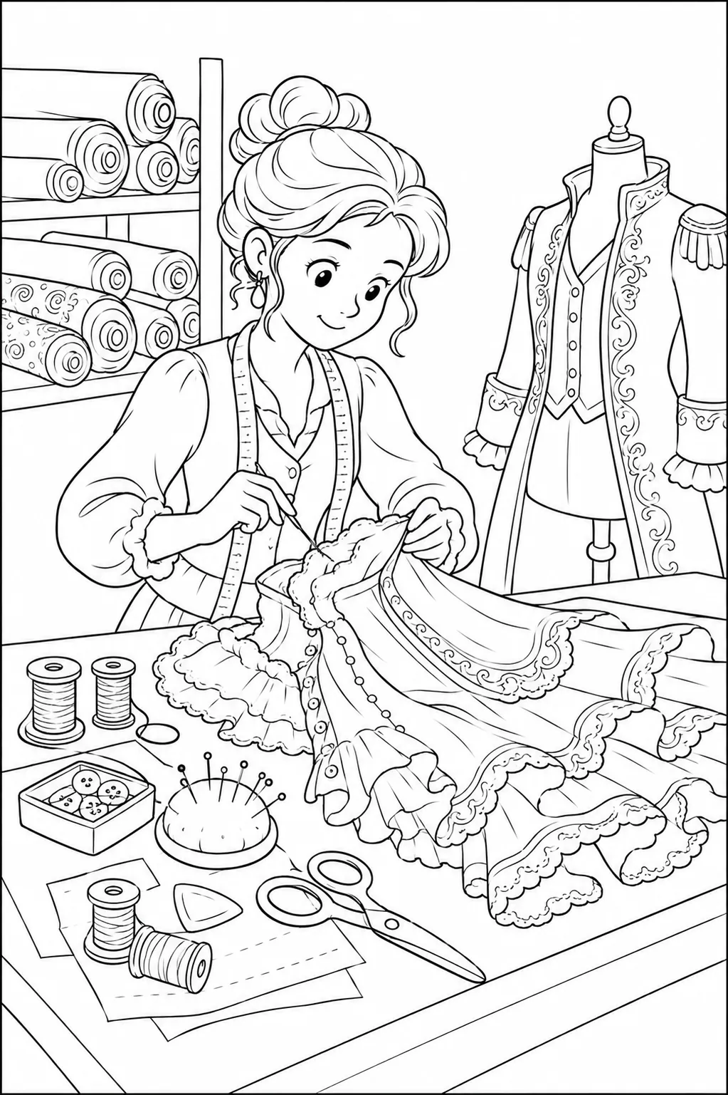涂色页：服装设计师在裁剪桌上缝制带褶边的精美戏剧服装