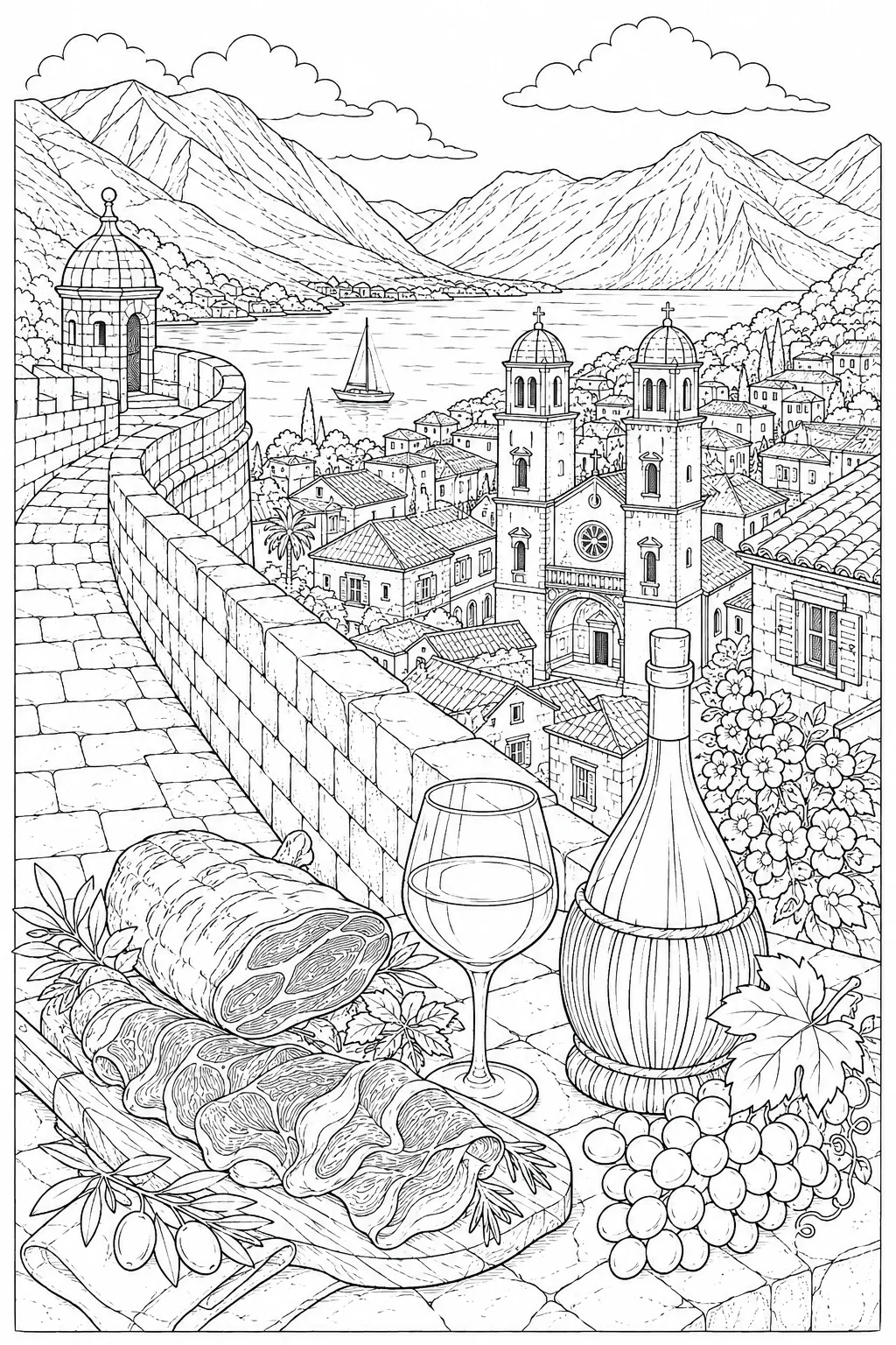 Kotor cozy: Venetian walls steep mountain / cathedral twin towers / bay fjord mirror / Pršut dry red board / Vranac garnet glass