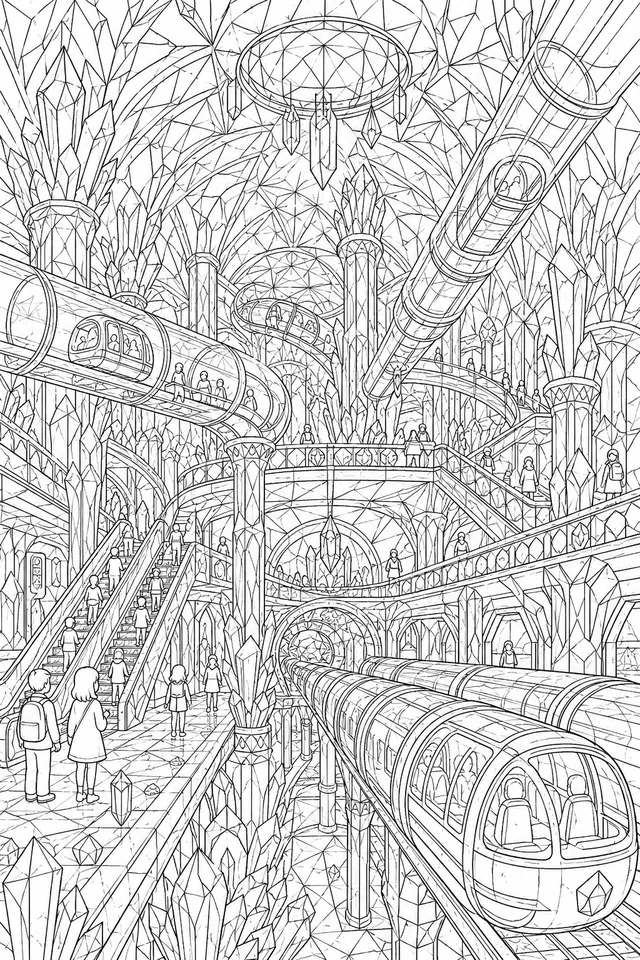 Futuristische Kristall-U-Bahn-Station mit Glasröhren