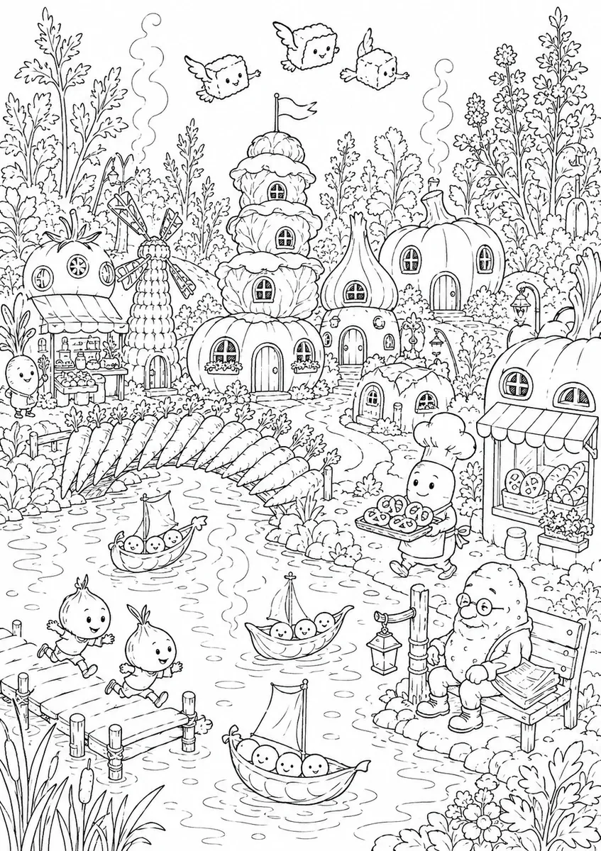 Coloring page of a vegetable town beside a soup lake with many details