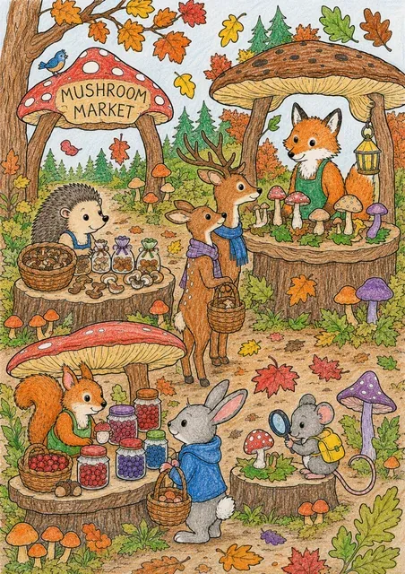 Ausmalbild eines Herbst-Pilzmarkts im Wald mit Tieren als Händler und Kunden