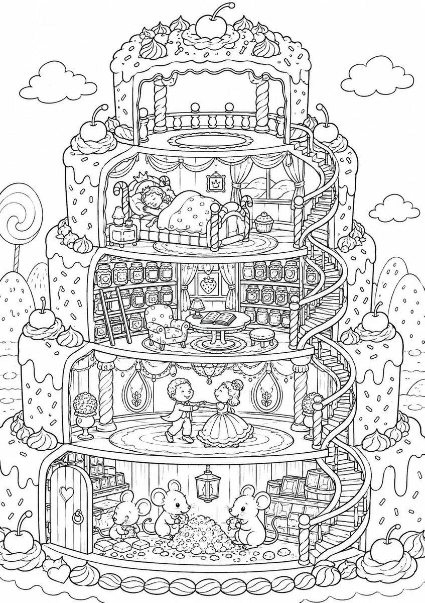 五层蛋糕塔横切面与房间的涂色画