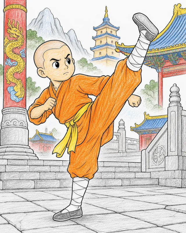 Kung-Fu-Schüler in orangem Gewand übt dramatische Form auf Steinhof-Treppe des Shaolin-Klosters