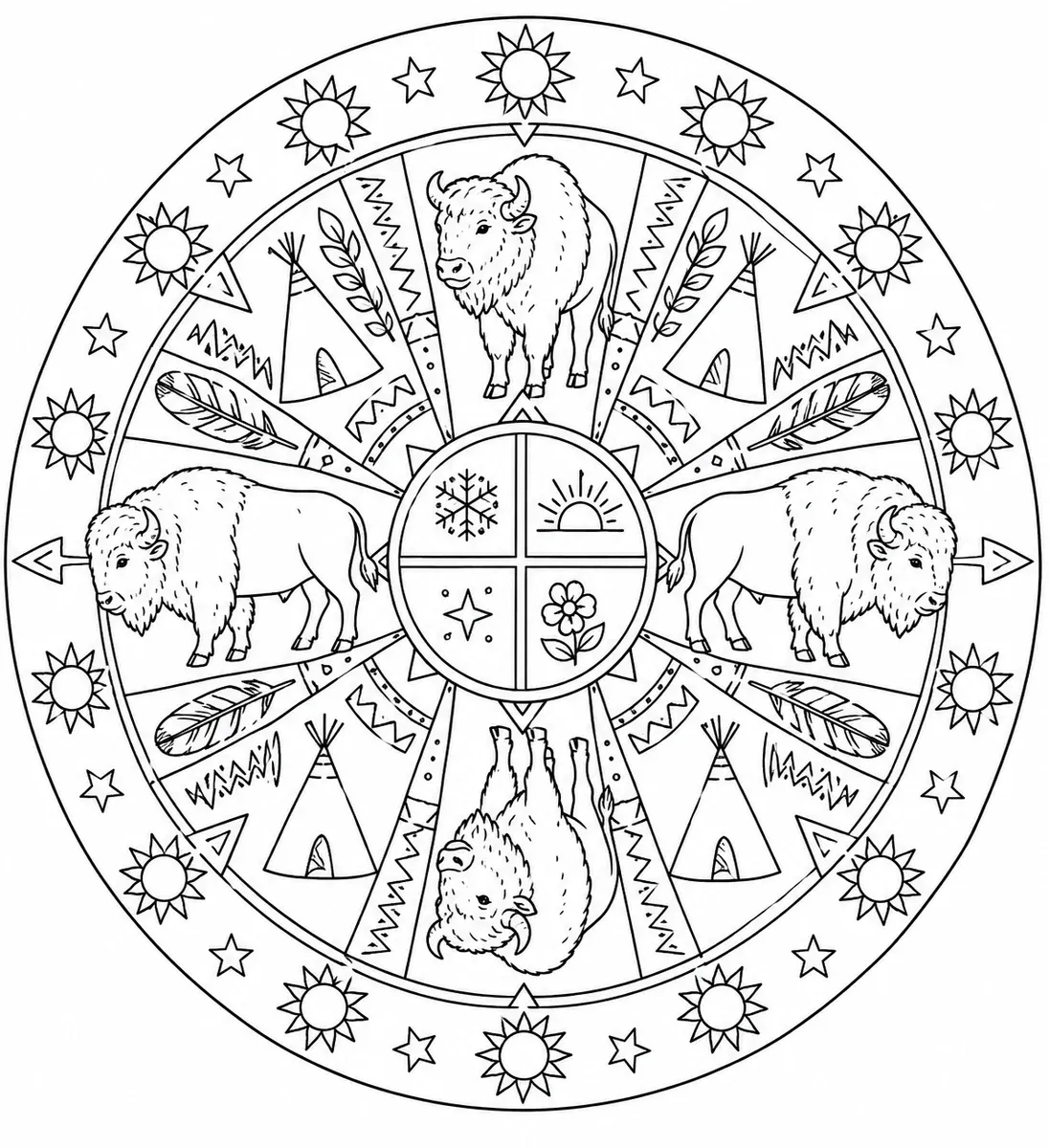 Symmetrisches Büffel-Mandala mit vier Büffeln, Medizinrad und Tipi-Silhouetten
