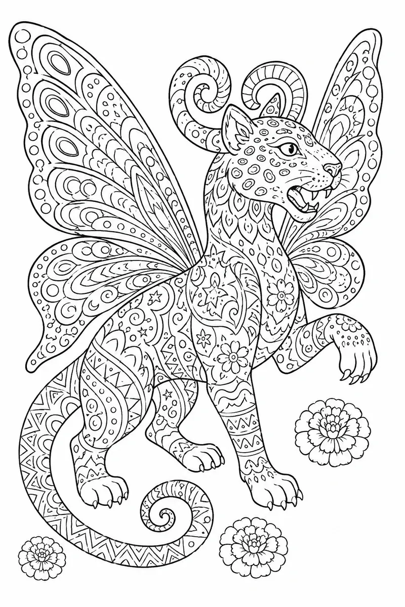 Ausmalbild eines Alebrijes mit Jaguar-Körper, Schmetterlingsflügeln und vielen Mustern