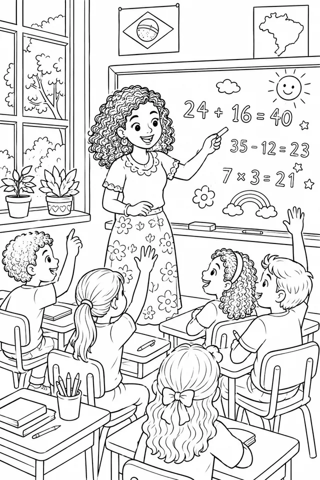 Brasilianische Lehrerin erklärt fröhlich Mathe an der bunten Schultafel