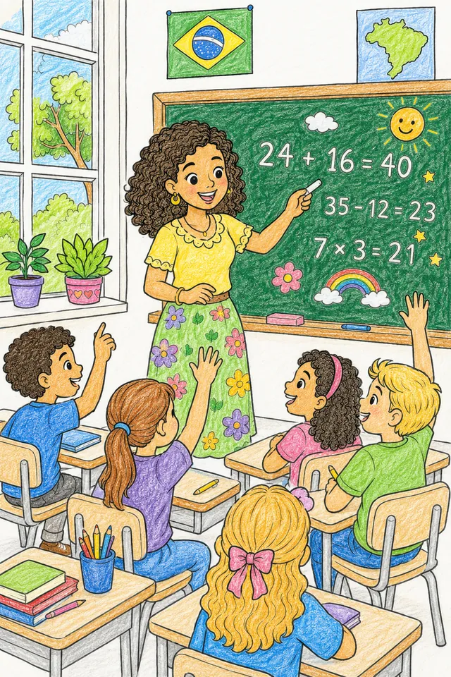Brasilianische Lehrerin mit Kreide zeigt lächelnd auf Schultafel mit Zahlen, Klasse hebt Hände