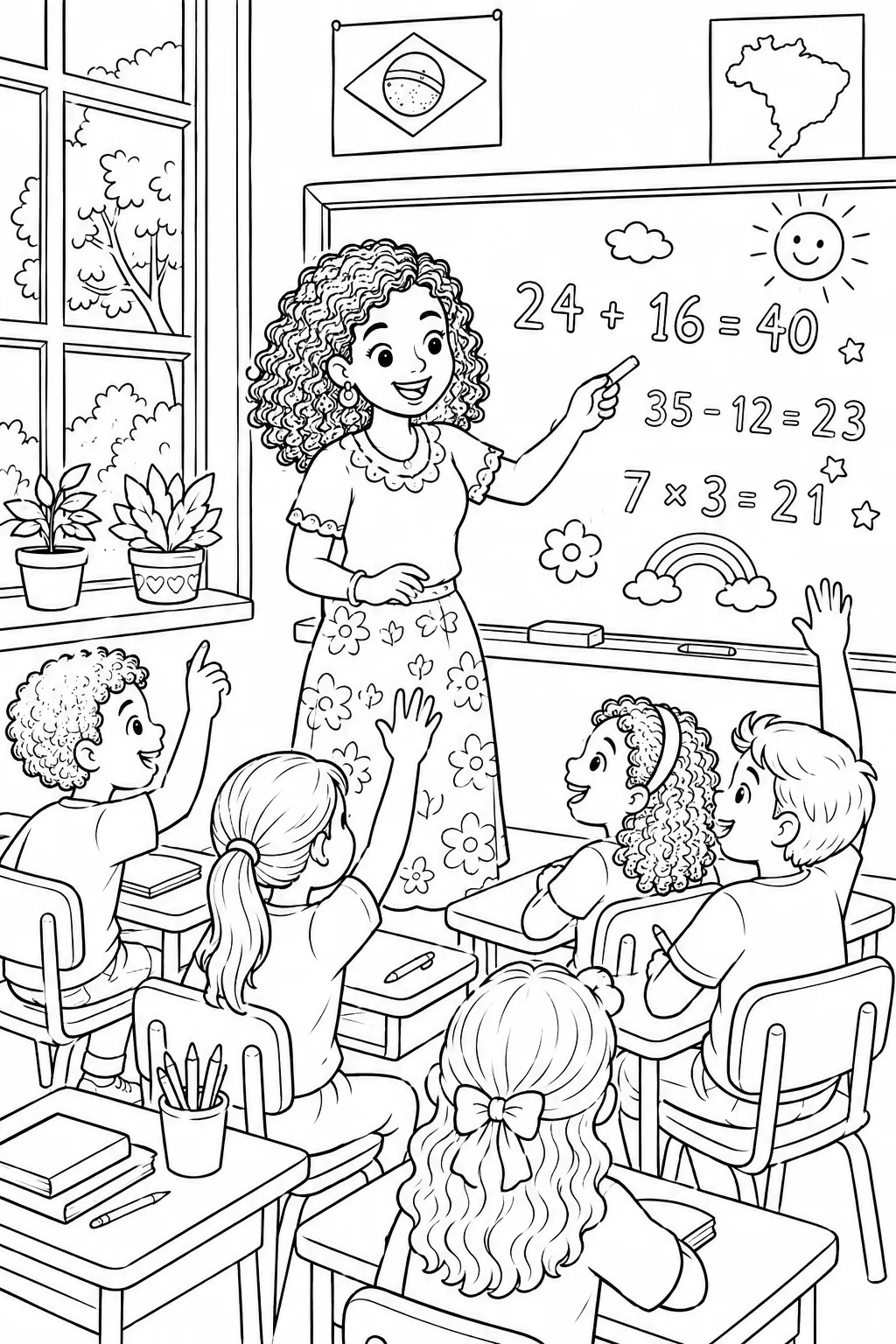 Brasilianische Lehrerin mit Kreide zeigt lächelnd auf Schultafel mit Zahlen, Klasse hebt Hände