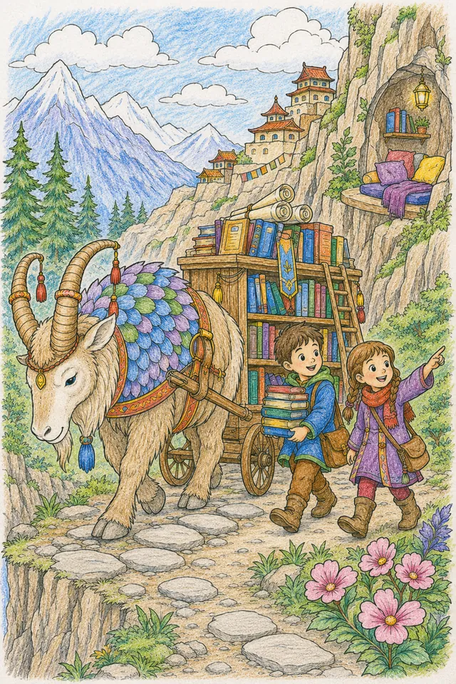 带角幻想动物在山路上拉图书车的涂色图