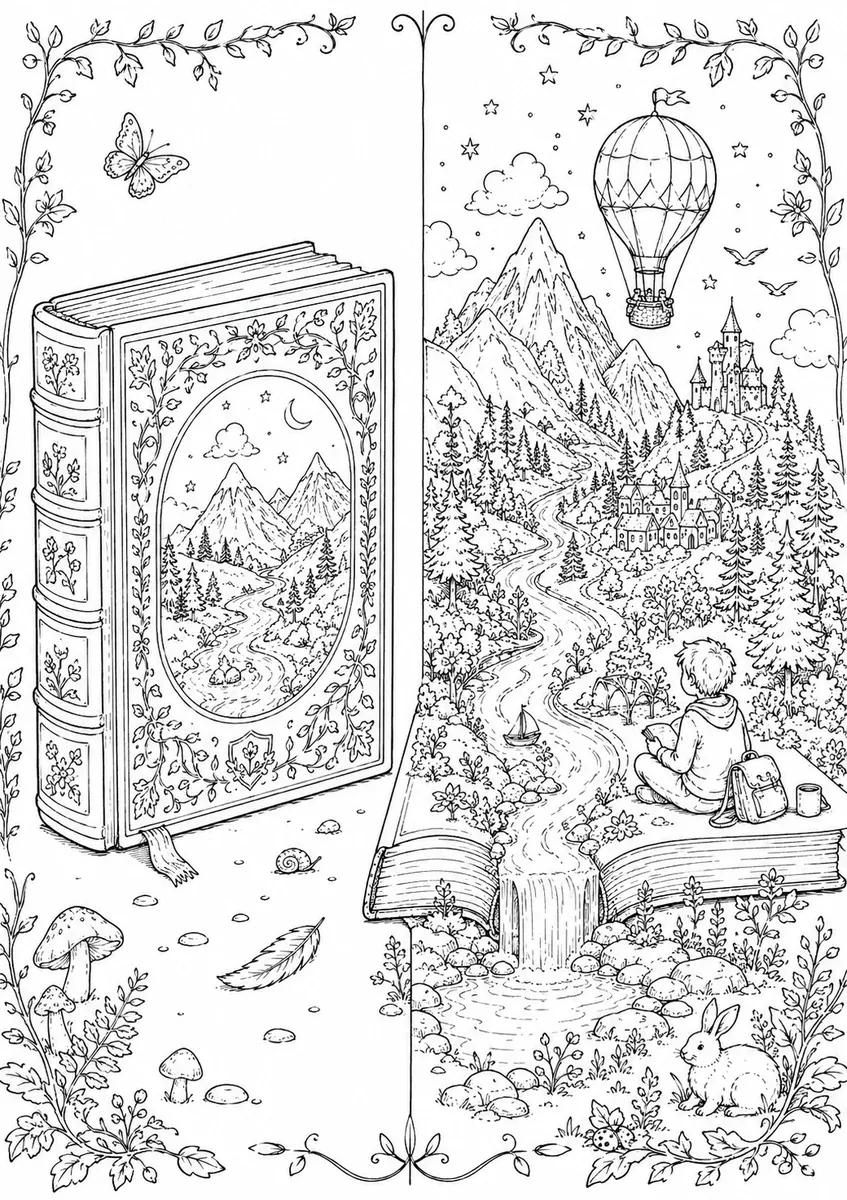 书页展开成山水风景的涂色画