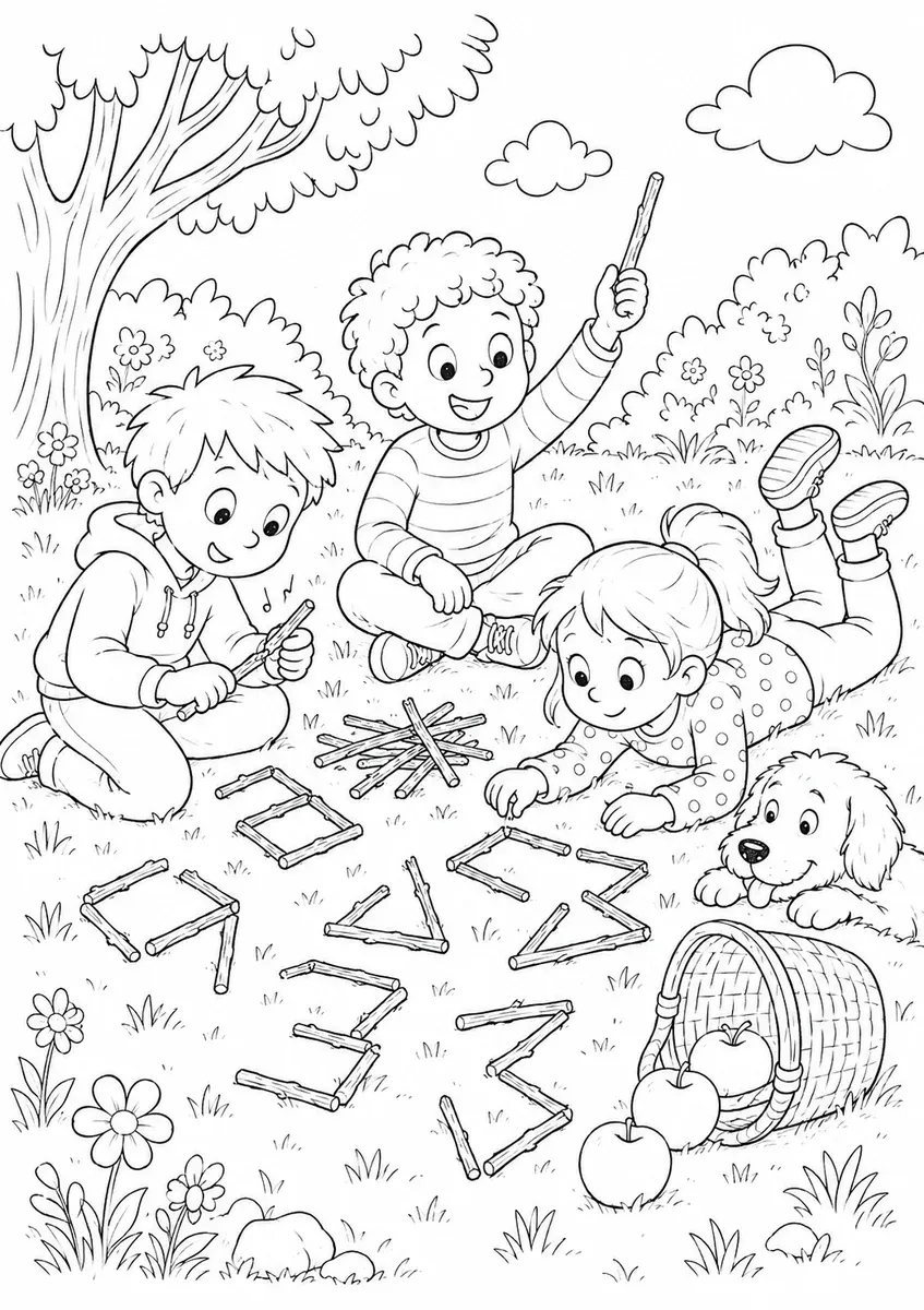 Ausmalbild von drei Kindern, die im Gras Zahlenformen aus Stöckchen legen